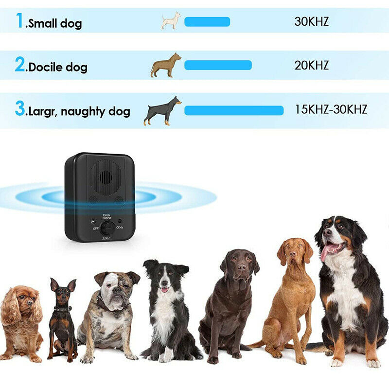 Infographic showing Dog Bark Silencer frequency settings for small, docile, and large dogs