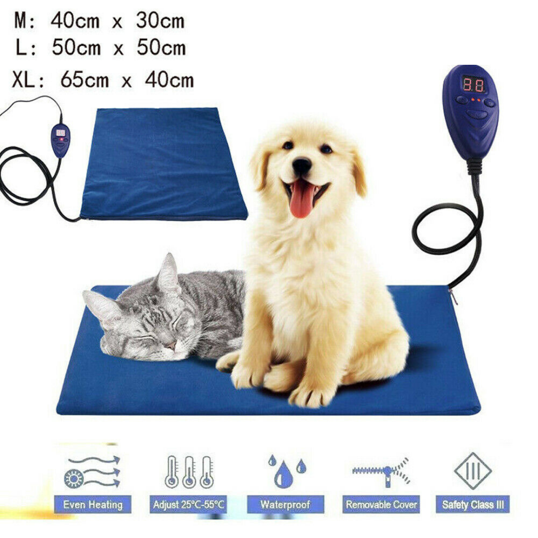 Infographic showing Heated Pet Bed sizes M, L, XL with cat and dog, features even heating, 25–55°C, waterproof, removable cover, Safety Class III