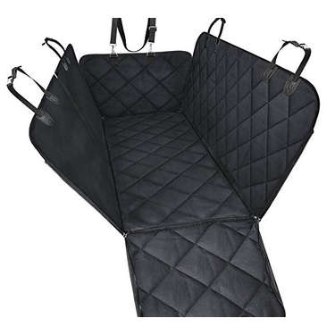 Black waterproof pet car seat cover laid flat showing straps and full shape